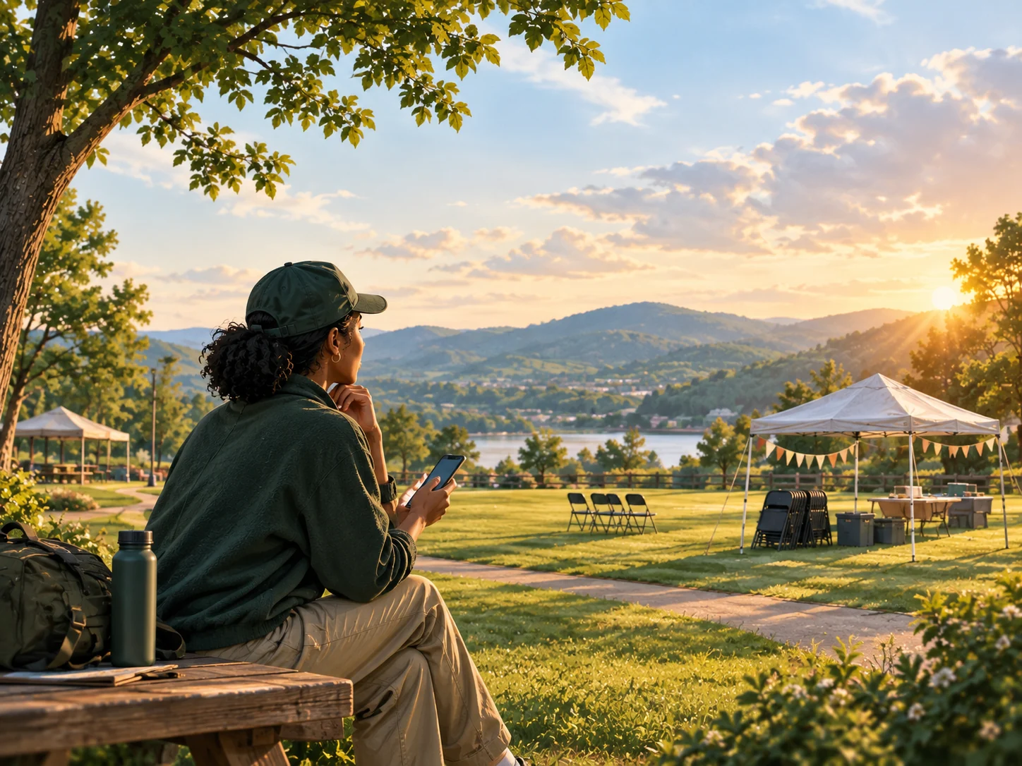 An event organizer looks across a community park as a small outdoor gathering is set up at sunset.
